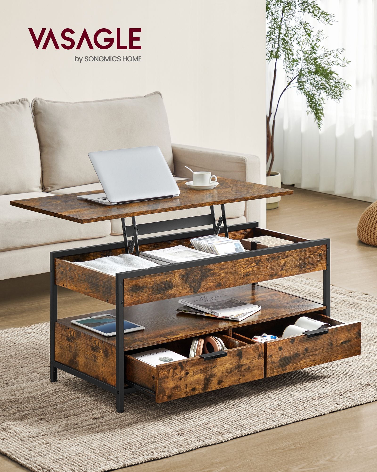Salontafel – met lades – vintage bruin-inktzwart