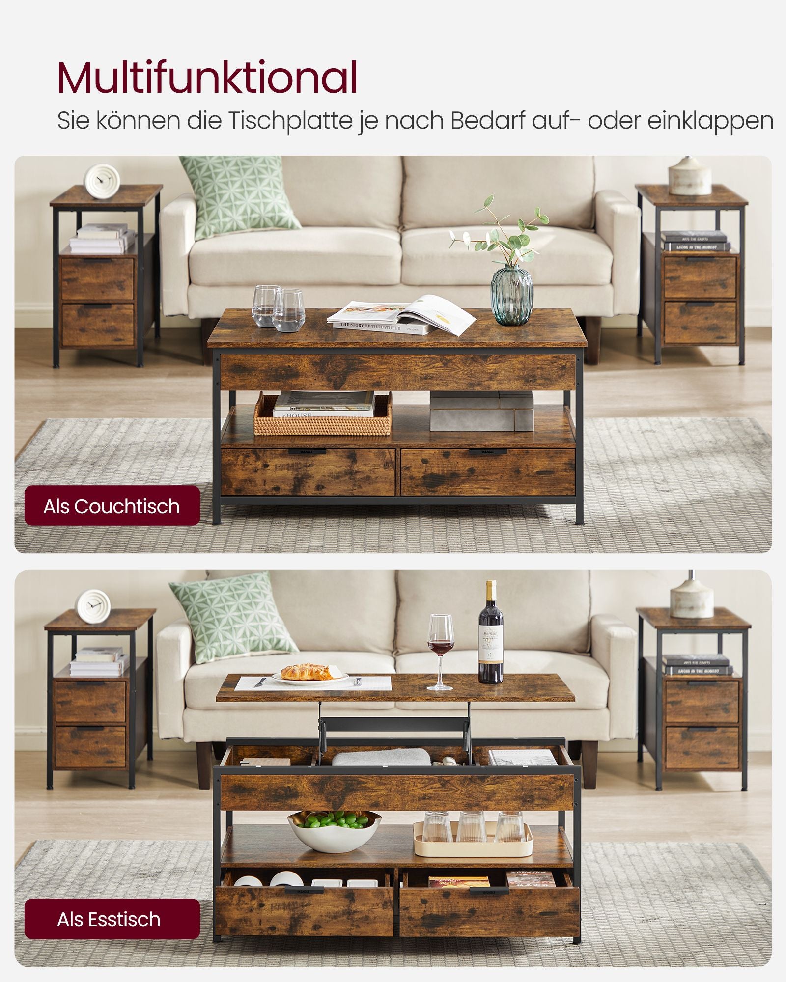 Salontafel – met lades – vintage bruin en inktzwart