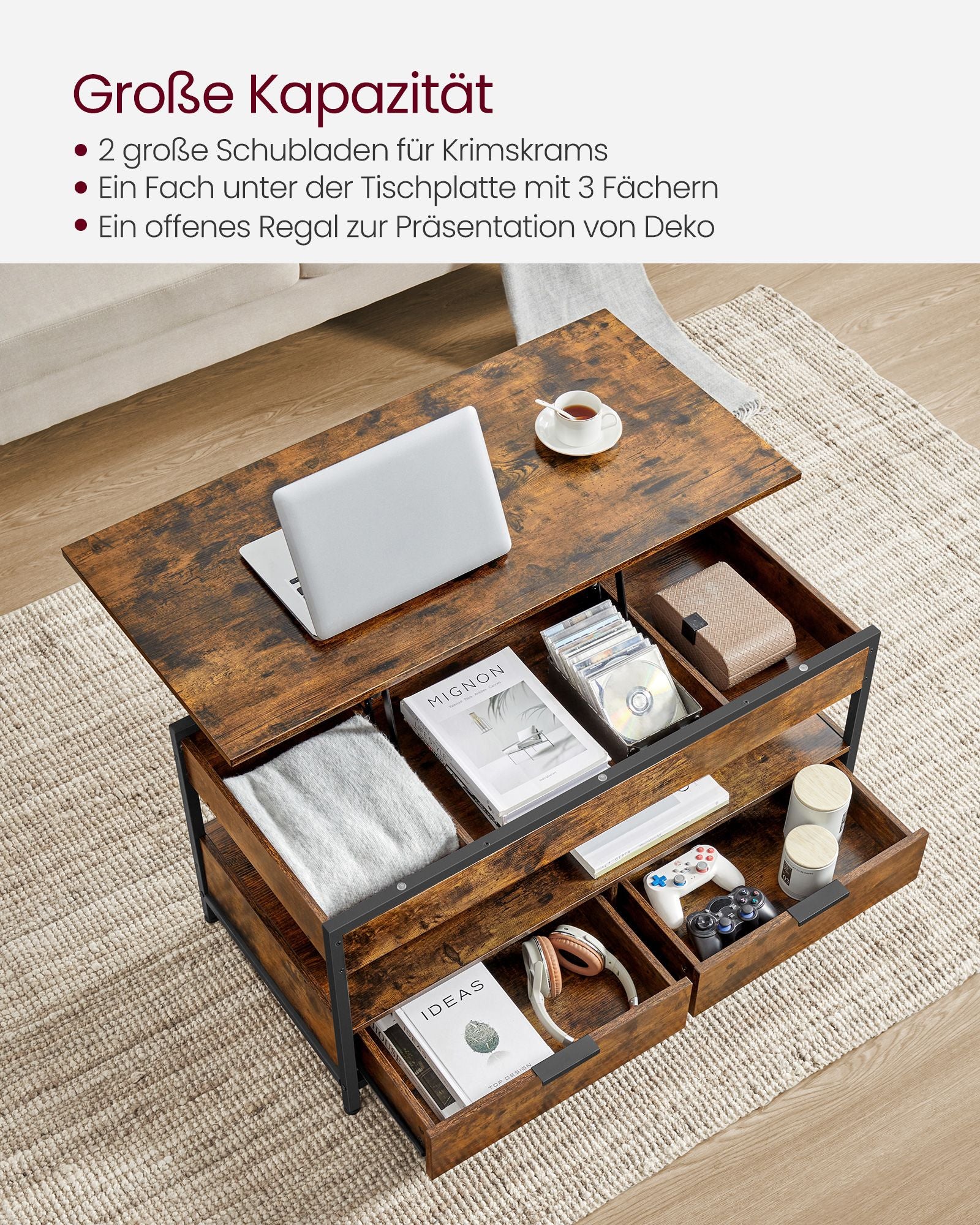 Salontafel – met lades – vintage bruin en inktzwart