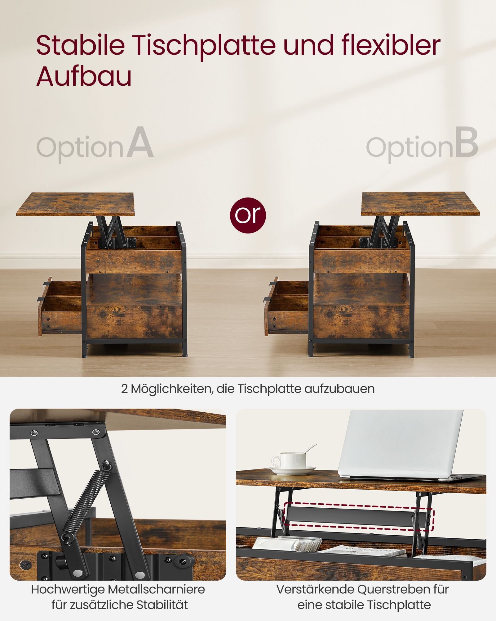Salontafel – met lades – vintage bruin-inktzwart
