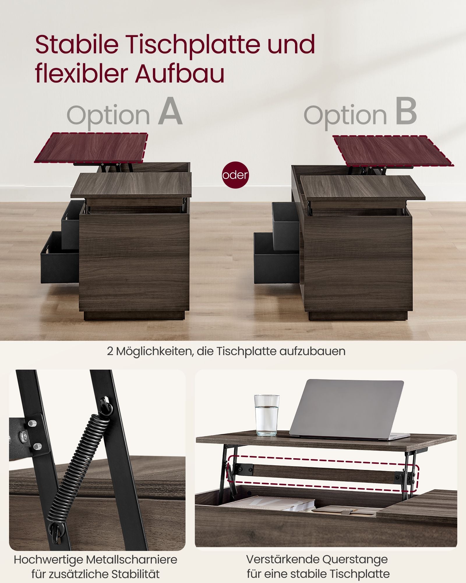 Salontafel met 2 lades en vakken - Stijlvol design - Asbruin