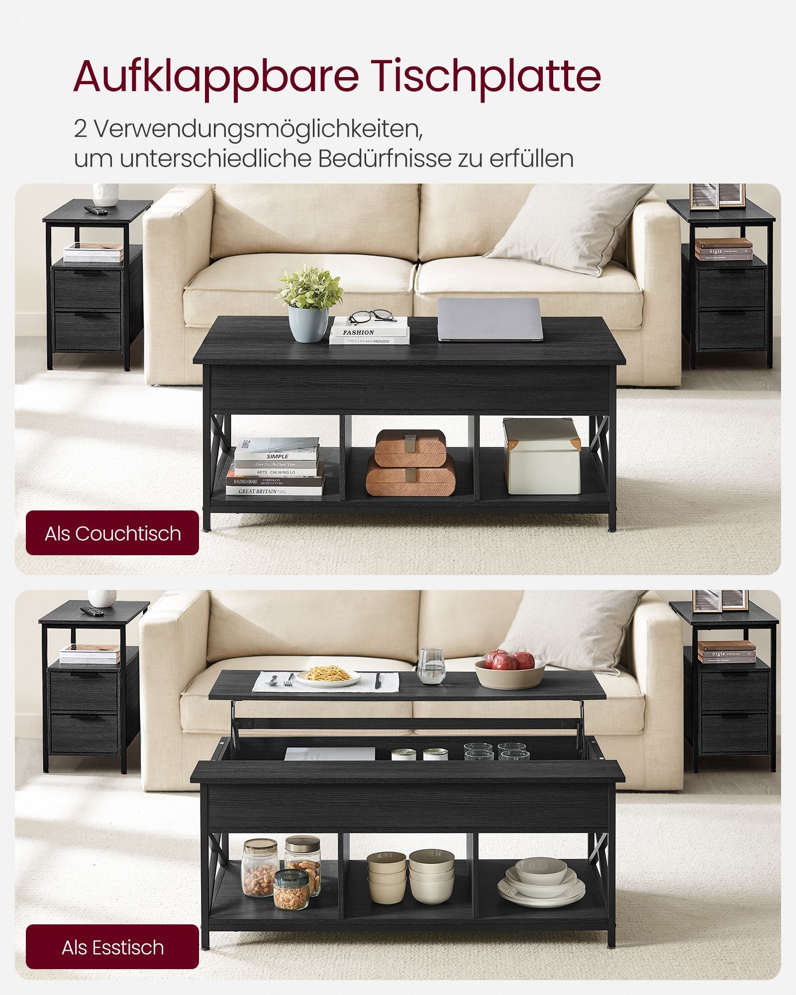 Salontafel – In hoogte verstelbaar – Met verborgen opbergruimte – Antracietgrijs–zwart