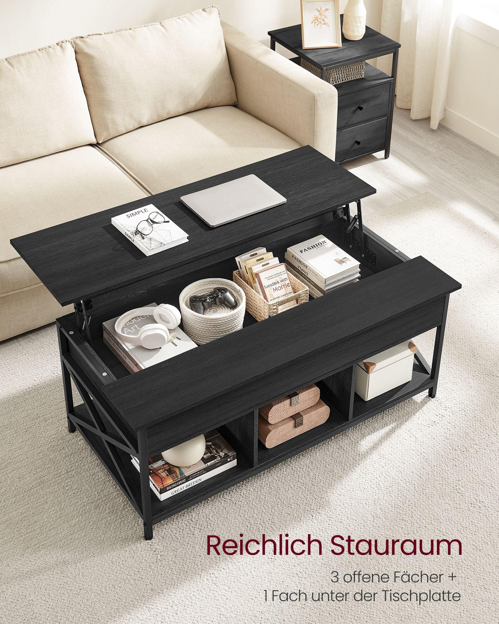 Salontafel – In hoogte verstelbaar – Met verborgen opbergruimte – Antracietgrijs–zwart