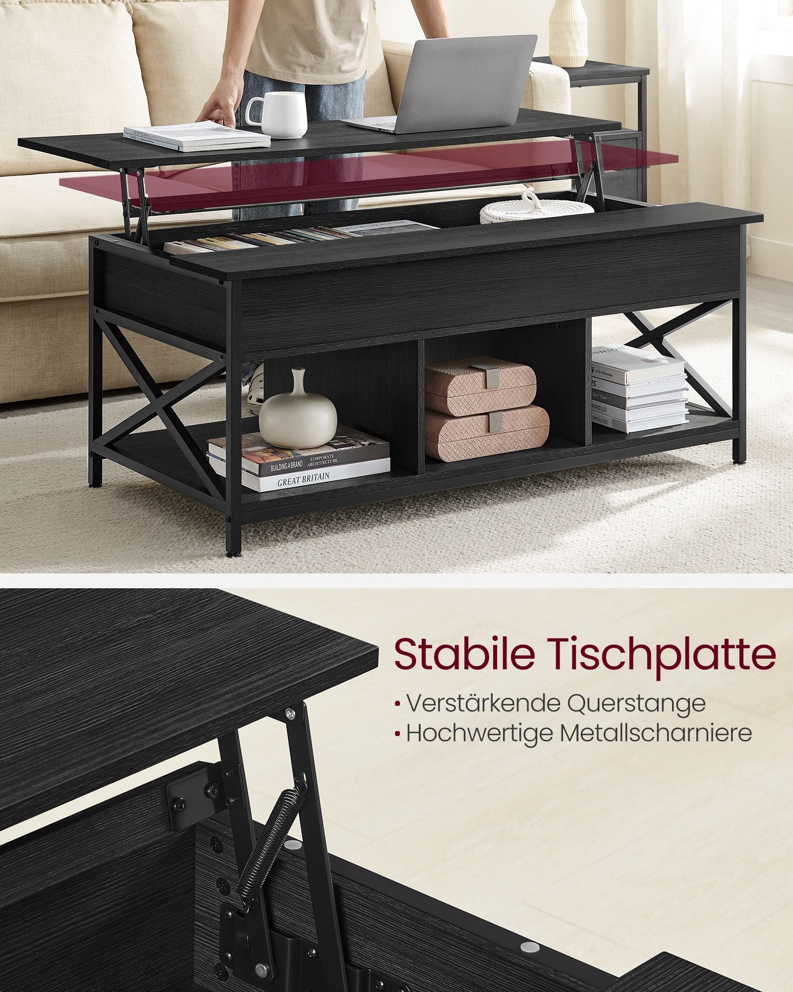 Salontafel – In hoogte verstelbaar – Met verborgen opbergruimte – Antracietgrijs–zwart