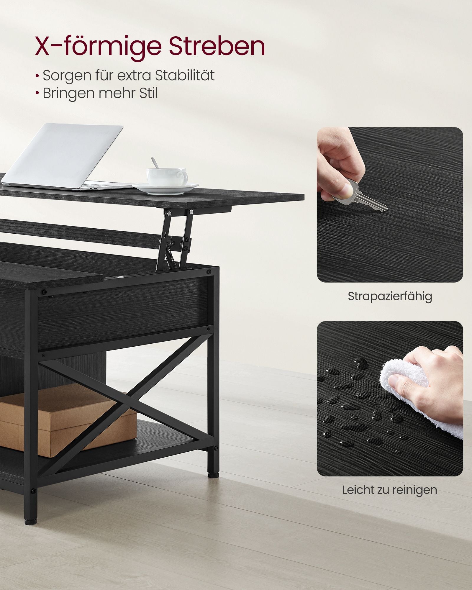 Salontafel – In hoogte verstelbaar – Met verborgen opbergruimte – Antracietgrijs–zwart