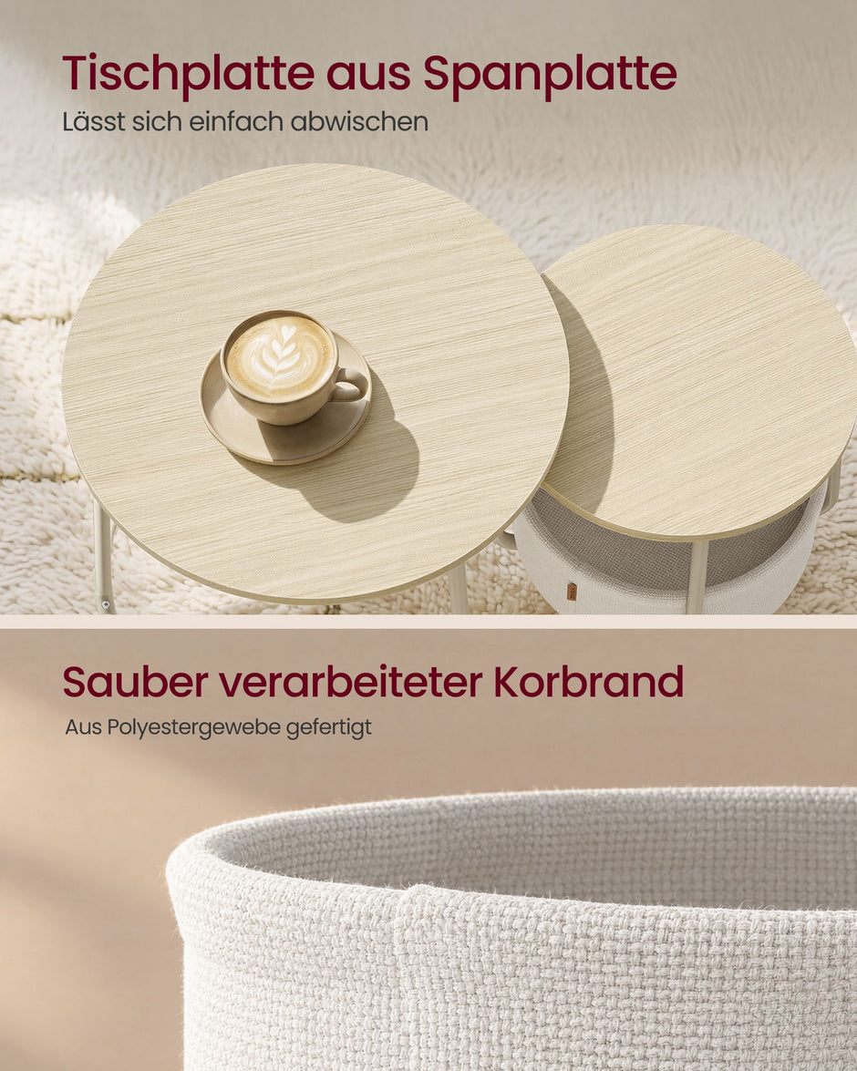 Bijzettafels Rond – Set van 2 – Met Stoffen Mand – Naturel Beige en Lichtmokka