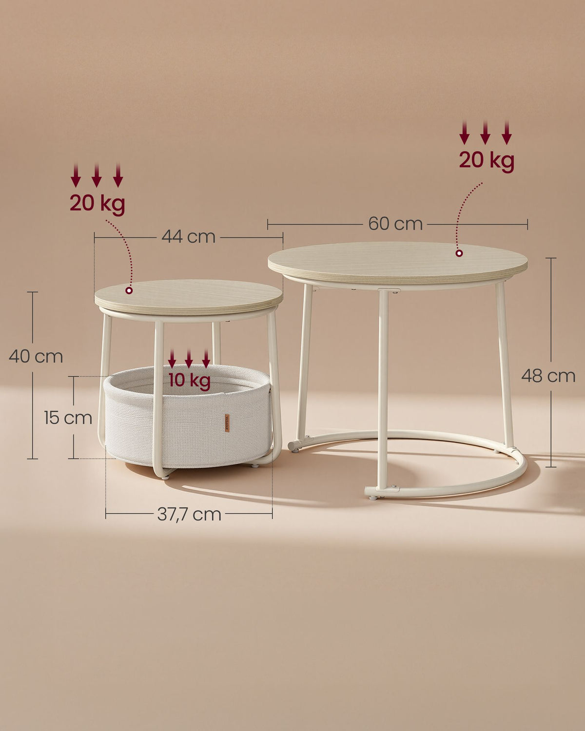 Bijzettafels Rond – Set van 2 – Met Stoffen Mand – Naturel Beige en Lichtmokka
