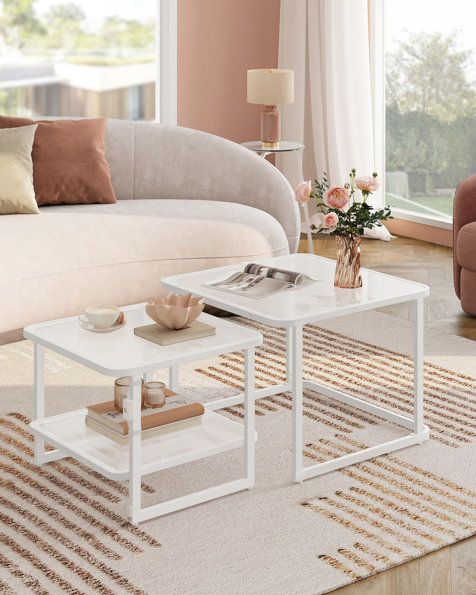 Salontafel set van 2 met LED licht – gehard glas – wit-parelwit