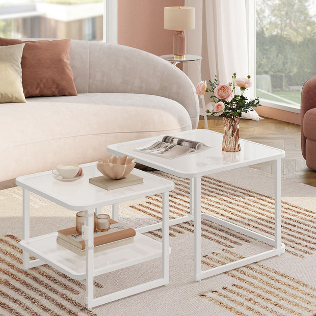 Salontafel set van 2 met LED licht – gehard glas – wit-parelwit