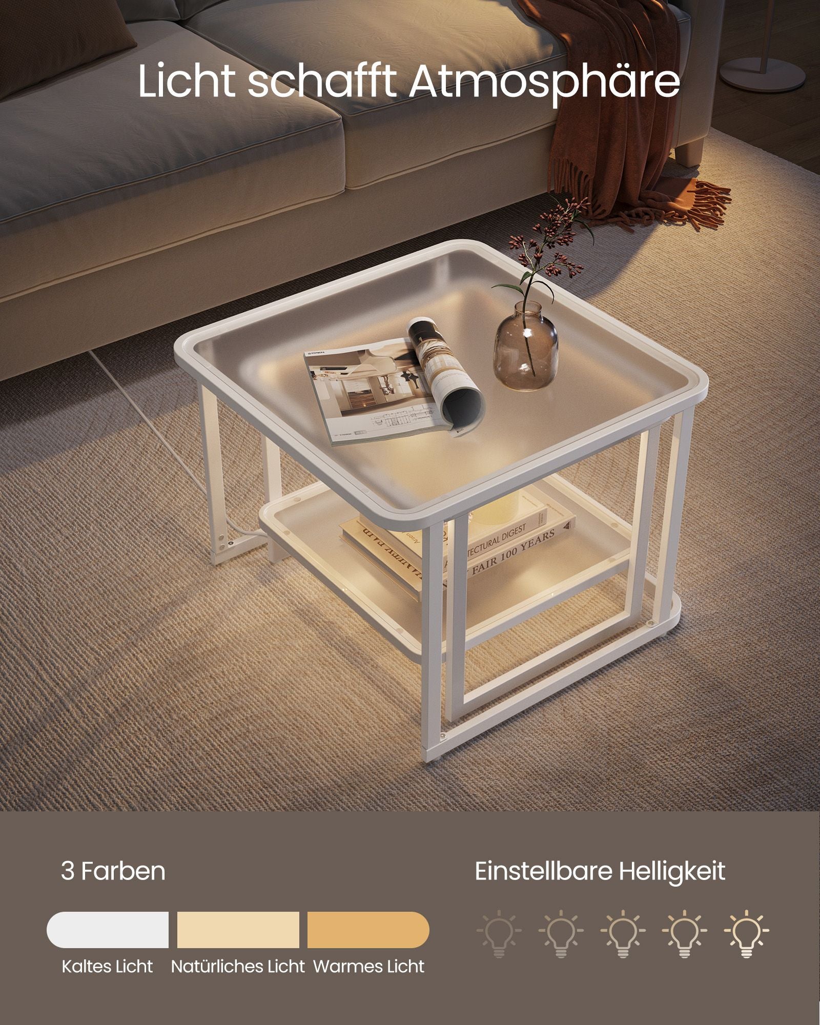 Salontafel set van 2 met LED licht – gehard glas – wit-parelwit