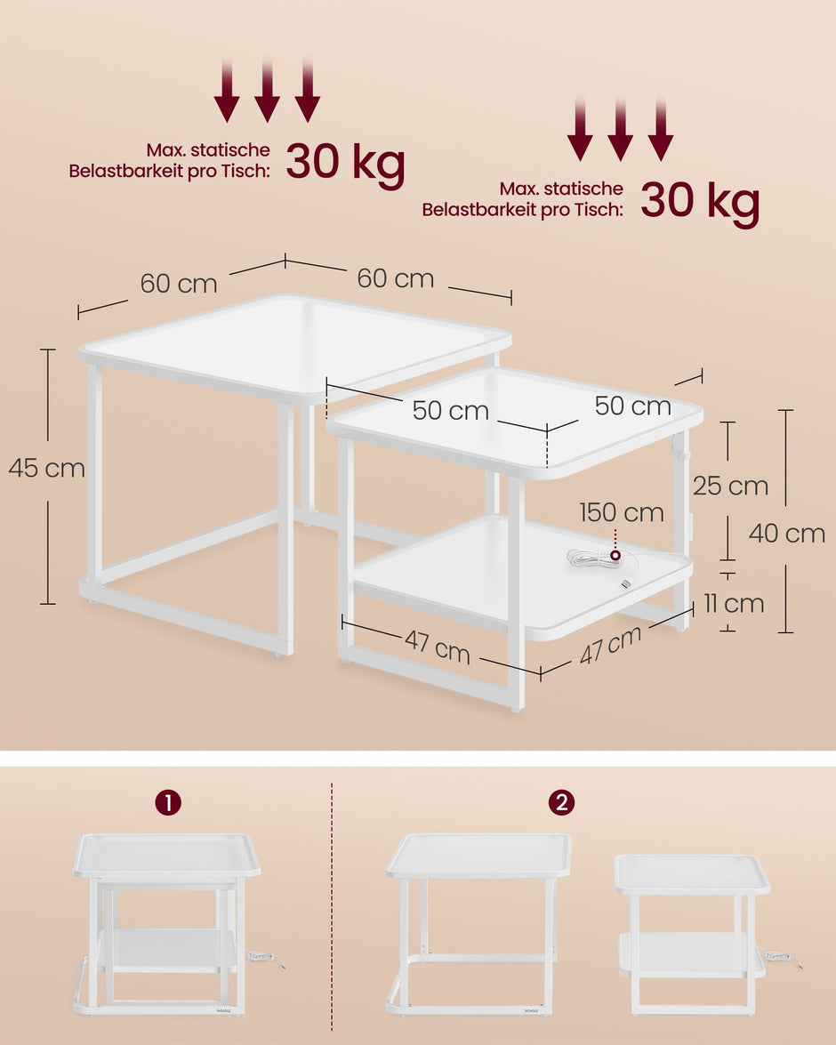 Salontafel set van 2 met LED licht – gehard glas – wit-parelwit
