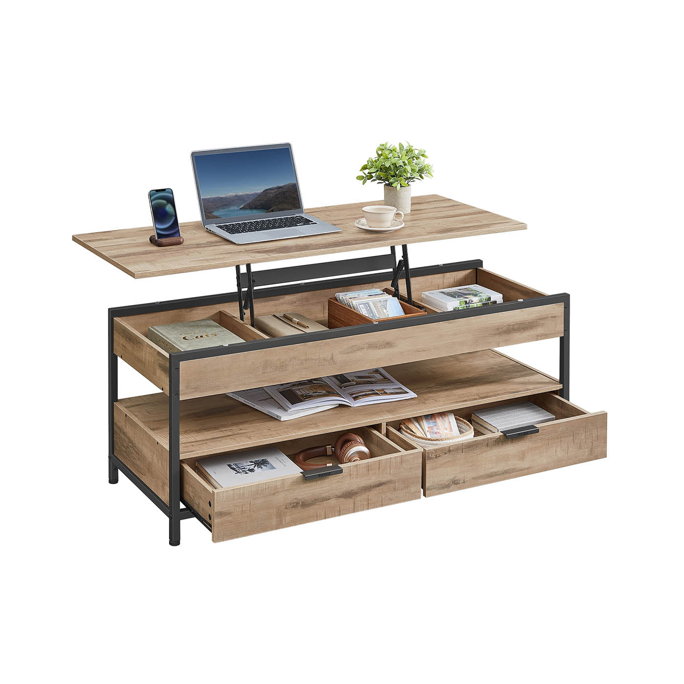 Salontafel met lades – Verstelbare hoogte – Camelbruin en inktzwart