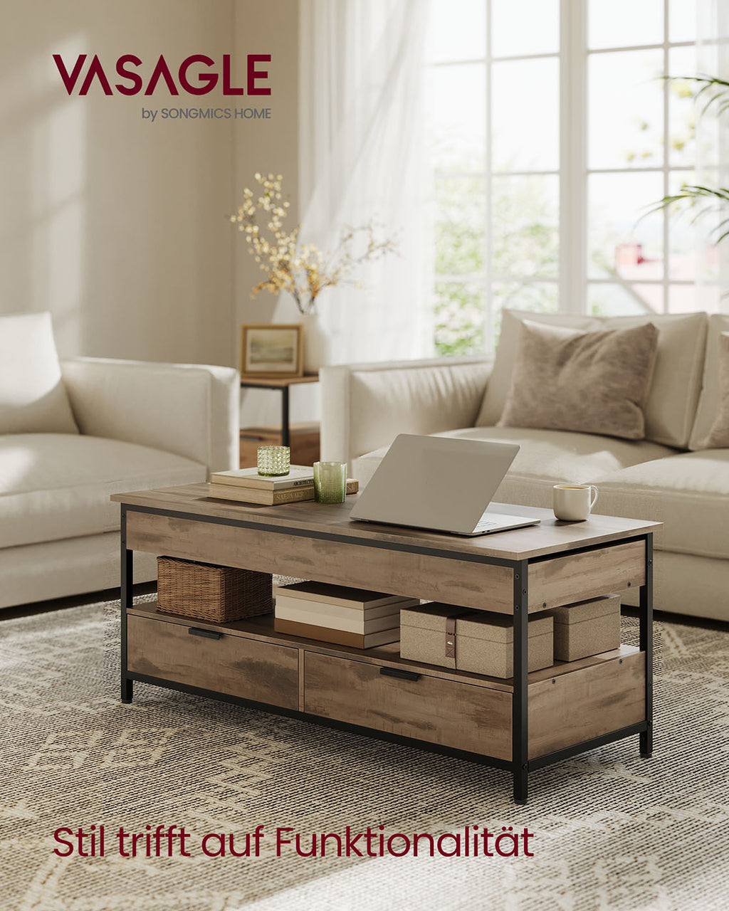 Salontafel met lades 50 x 120 cm camelbruin-inktzwart