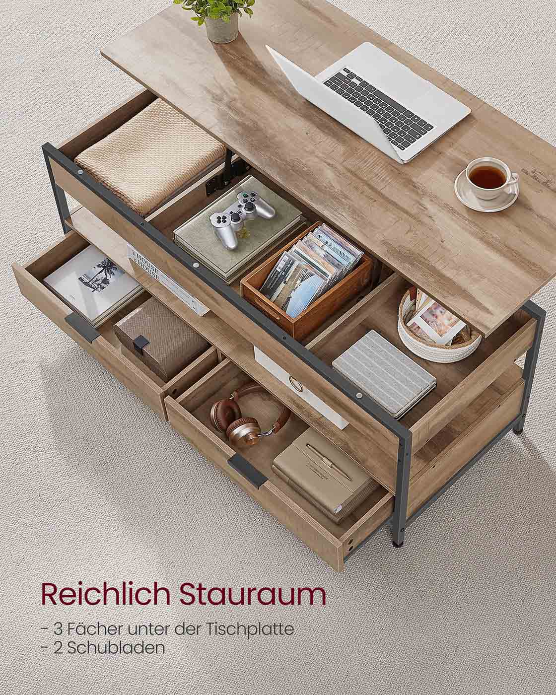 Salontafel met lades – Verstelbare hoogte – Camelbruin en inktzwart