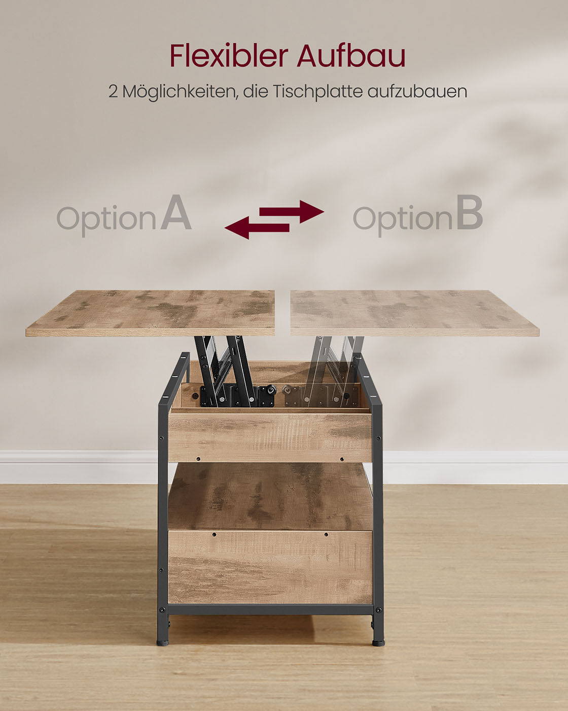 Salontafel met lades – Verstelbare hoogte – Camelbruin en inktzwart