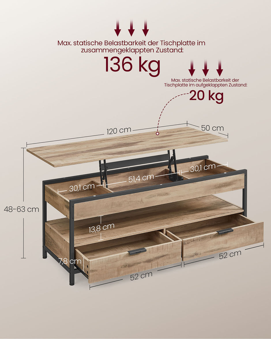 Salontafel met lades – Verstelbare hoogte – Camelbruin en inktzwart