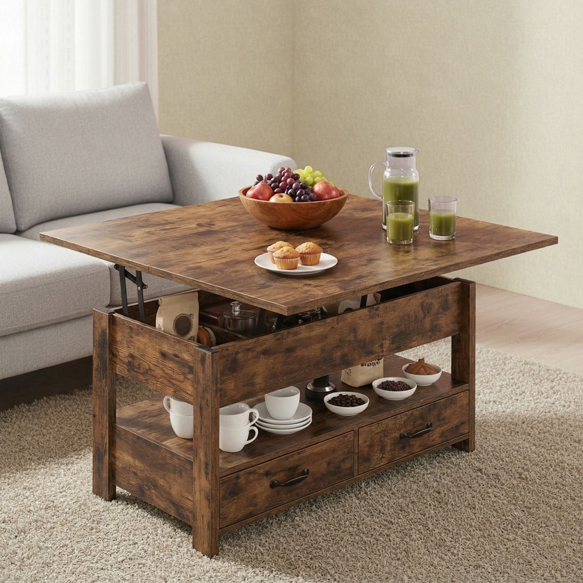 Salontafel - In Hoogte Verstelbaar - Gasveer - 2 Lades - Vintage Bruin