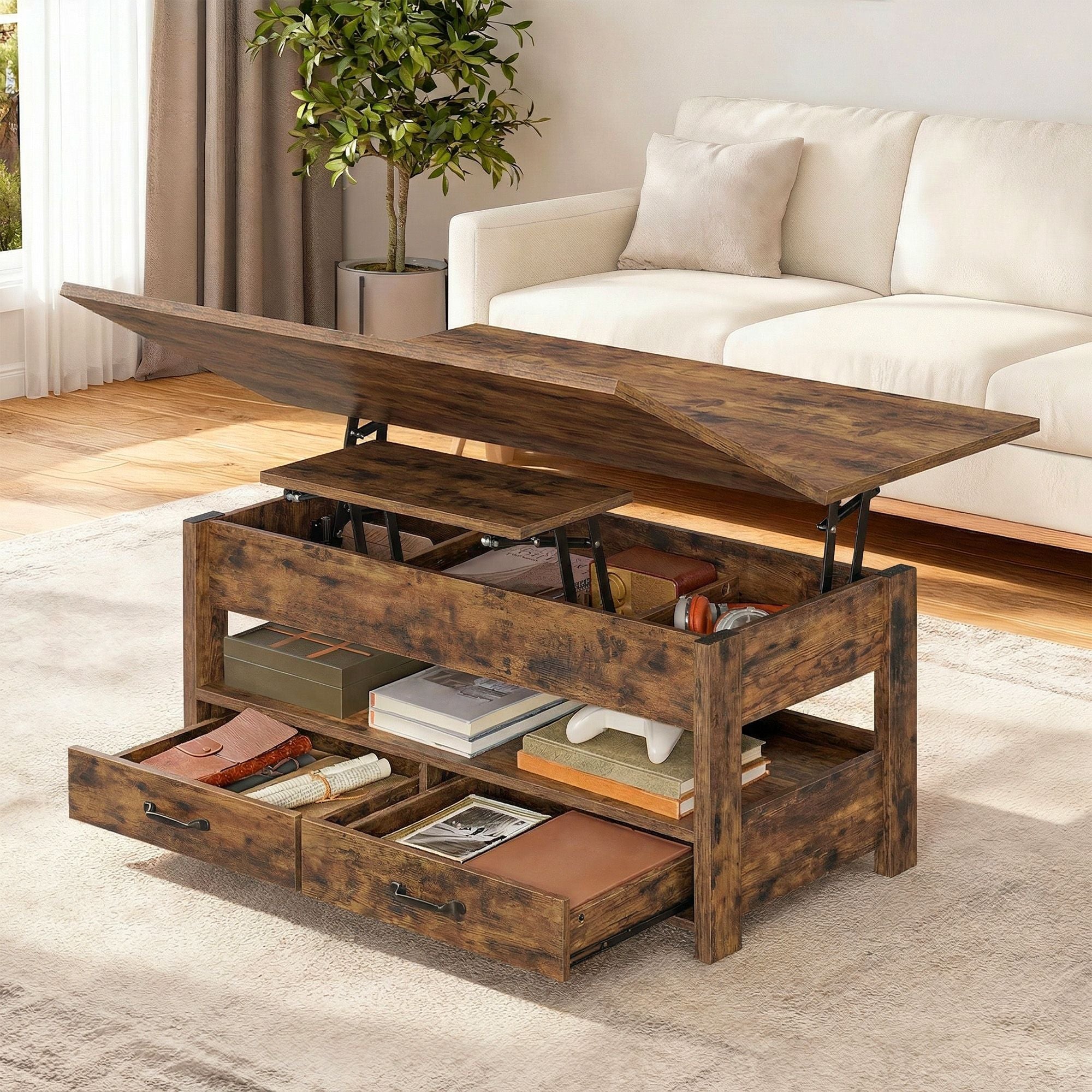 Salontafel - In Hoogte Verstelbaar - Gasveer - 2 Lades - Vintage Bruin