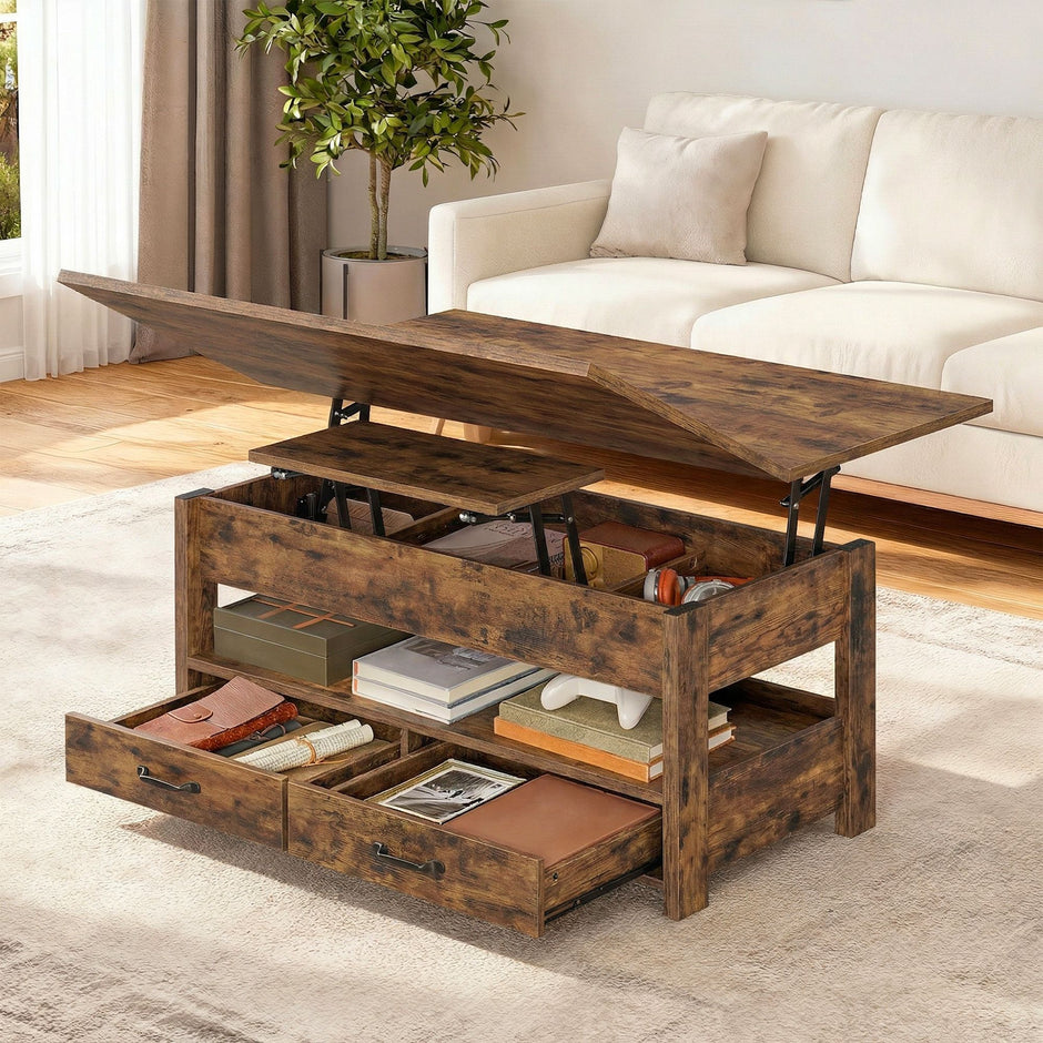 Salontafel - In Hoogte Verstelbaar - Gasveer - 2 Lades - Vintage Bruin