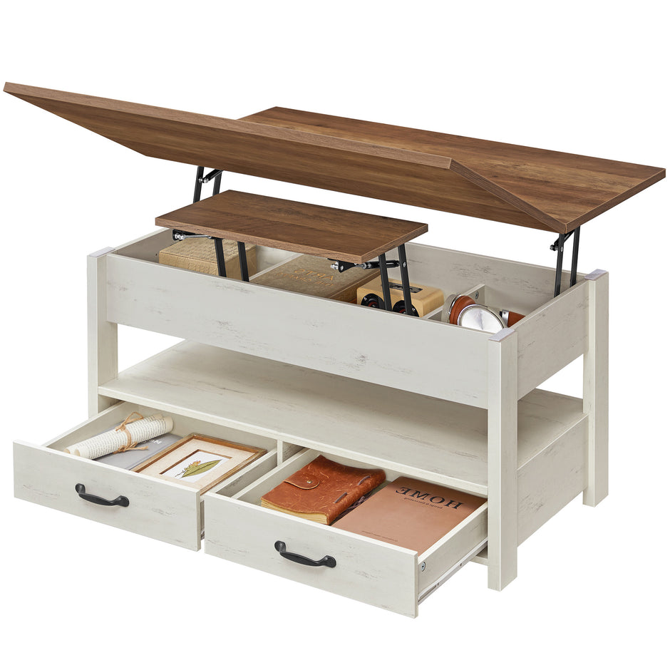 Salontafel - In Hoogte Verstelbaar - Gasveer - 2 Lades - Bruin-Wit