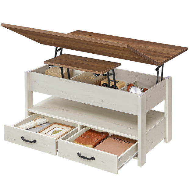 Salontafel - In Hoogte Verstelbaar - Gasveer - 2 Lades - Bruin-Wit