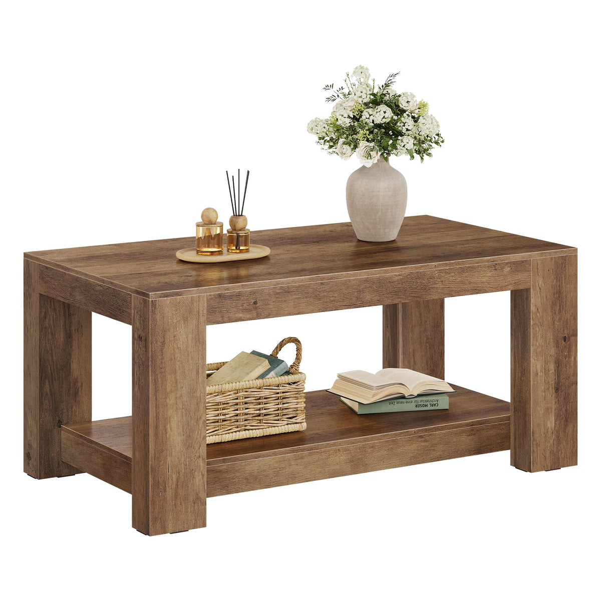 Salontafel – Met Onderplank en Dik Tafelblad – Mid-Century – 100 x 55 cm – Honingbruin