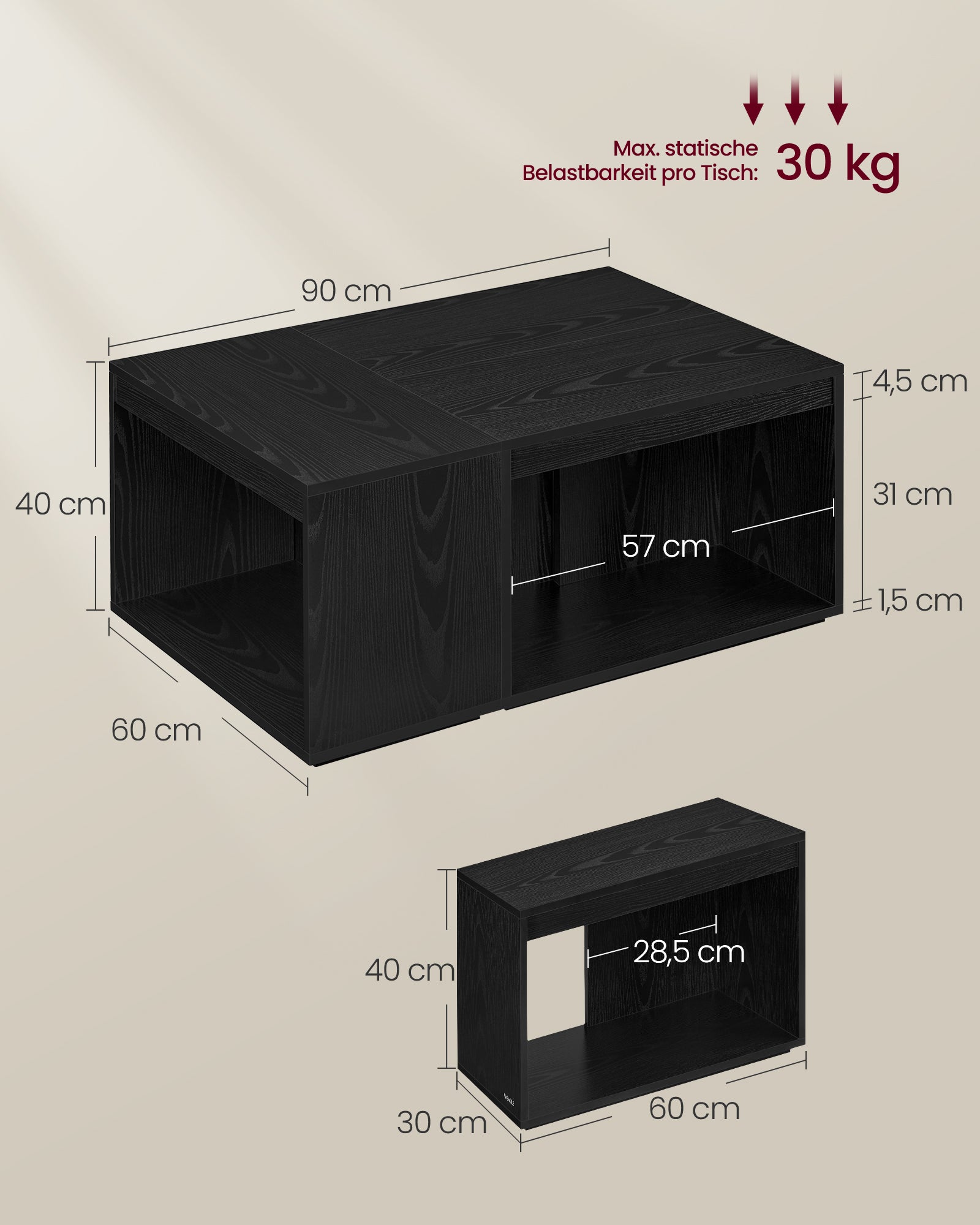 Salontafelset van 3 met opbergruimte in ebbenhout zwart