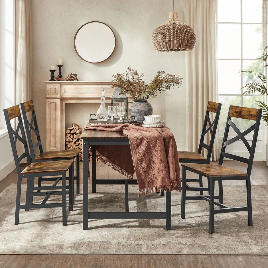 Eetkamerstoelen set van 2 – Ergonomische rugleuning – Matzwart staal – Vintage bruin-zwart