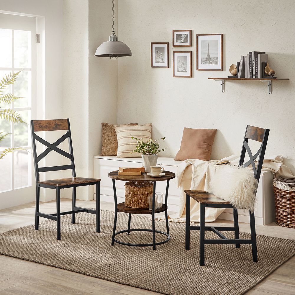 Eetkamerstoelen set van 2 – Ergonomische rugleuning – Matzwart staal – Vintage bruin-zwart
