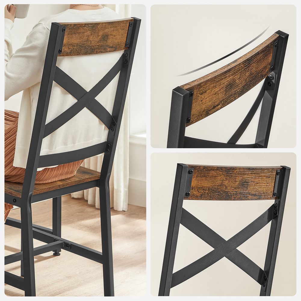 Eetkamerstoelen set van 2 – Ergonomische rugleuning – Matzwart staal – Vintage bruin-zwart