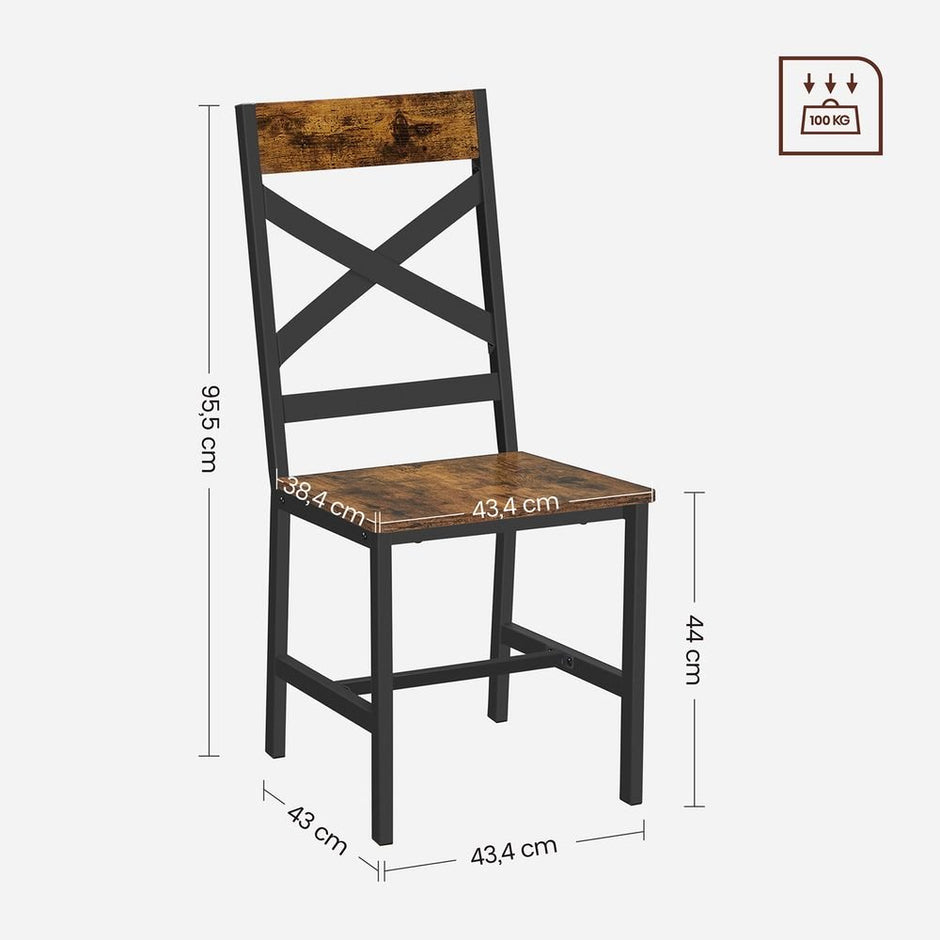 Eetkamerstoelen set van 2 – Ergonomische rugleuning – Matzwart staal – Vintage bruin-zwart
