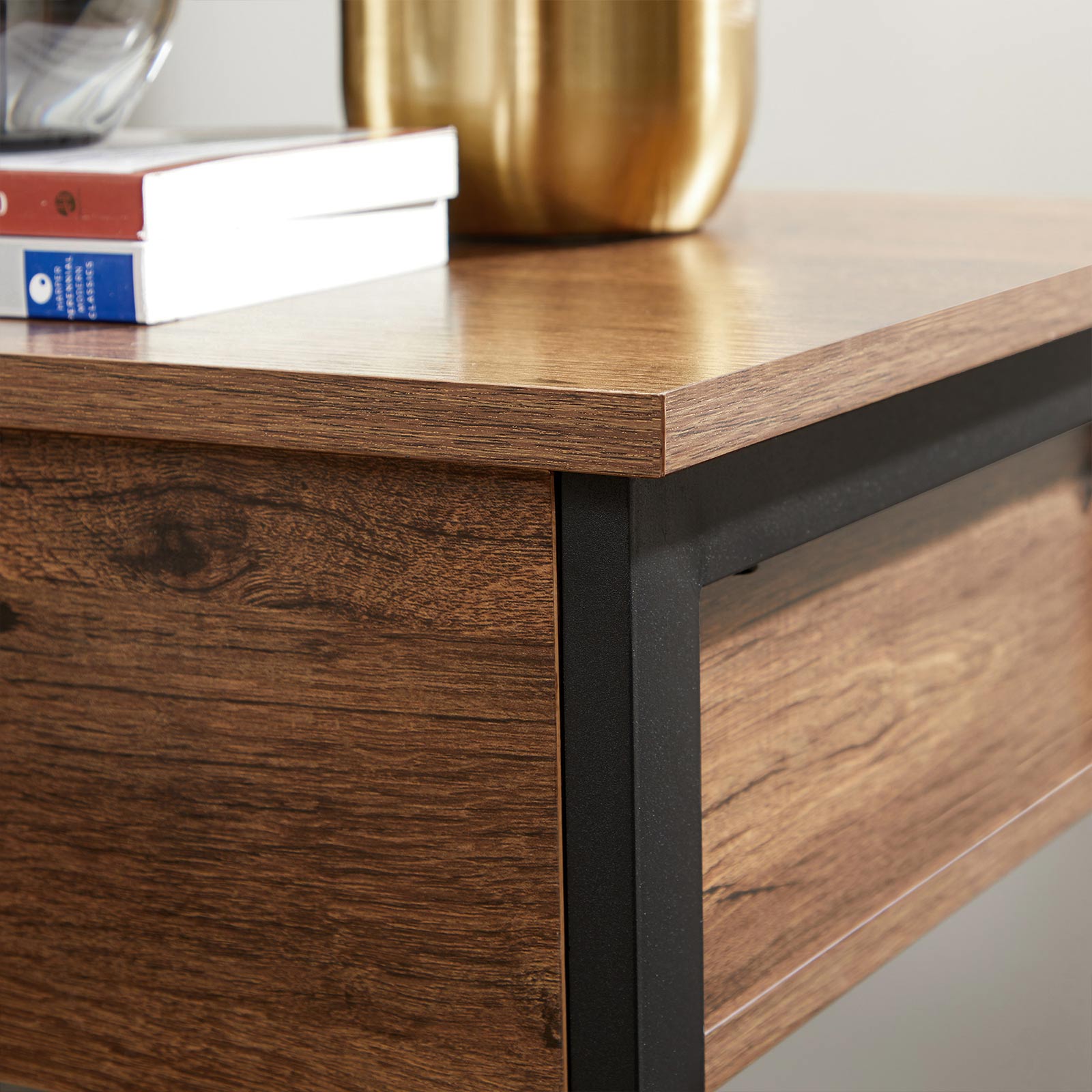 Nachtkastje – Met lade en plank – Industrieel design – Hazelnoot-zwart