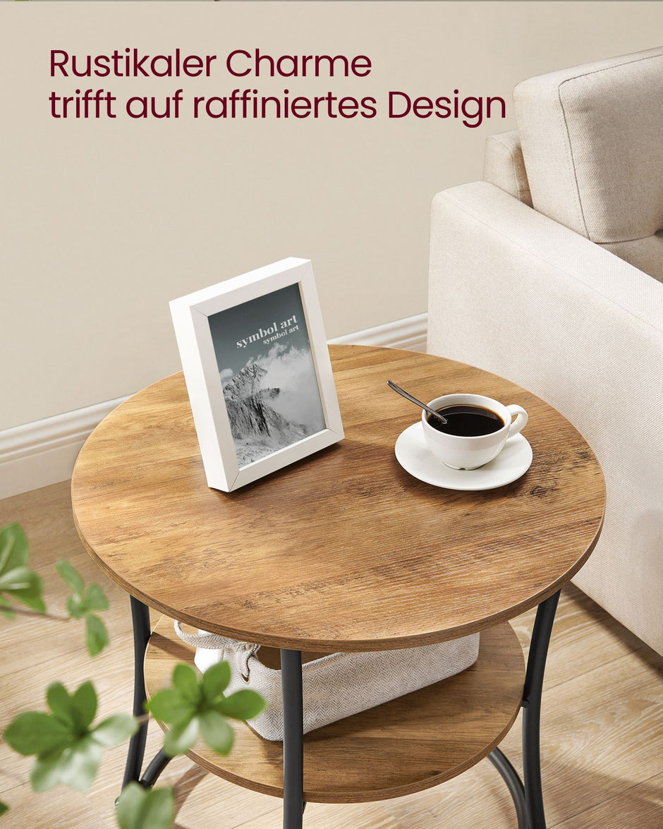 Bijzettafel rond – Met 2 planken – Stalen frame – Walnoot bruin-zwart