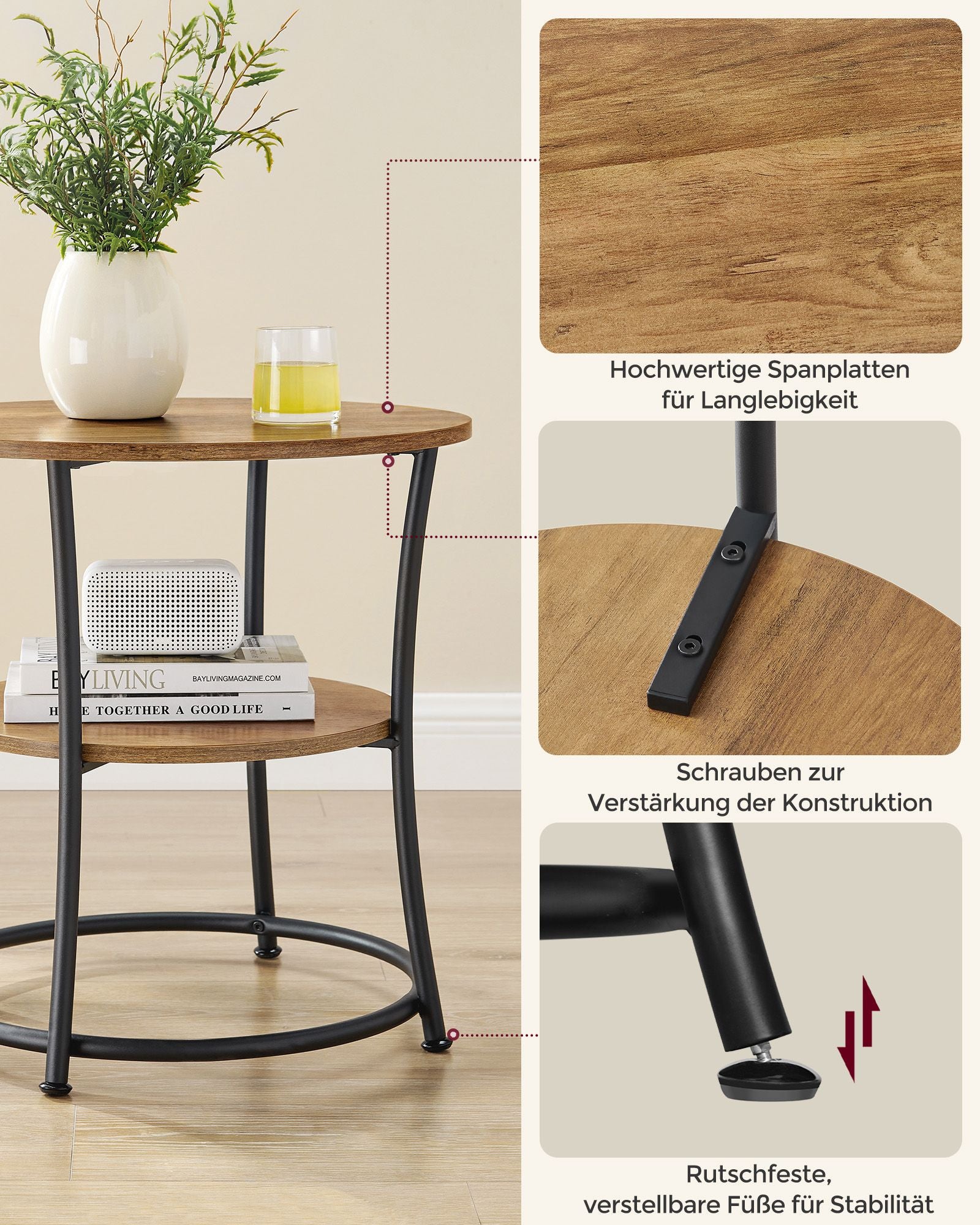 Bijzettafel rond – Met 2 planken – Stalen frame – Walnoot bruin-zwart