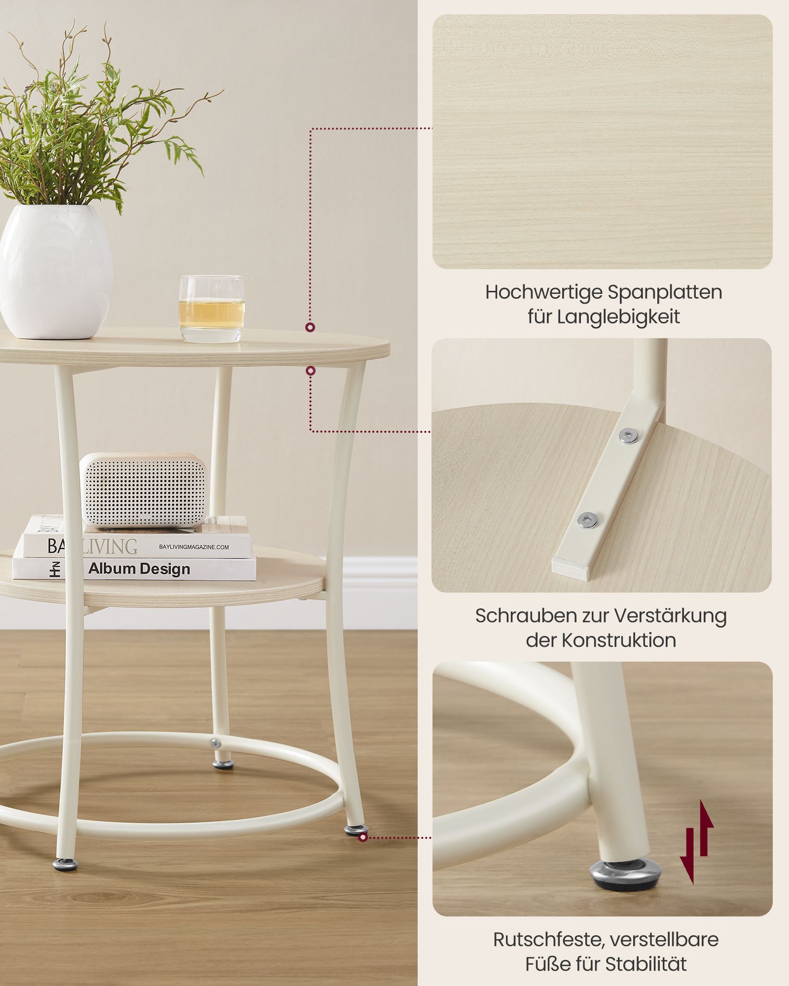 Bijzettafel met 2 Planken – Stalen Frame – Naturel Beige