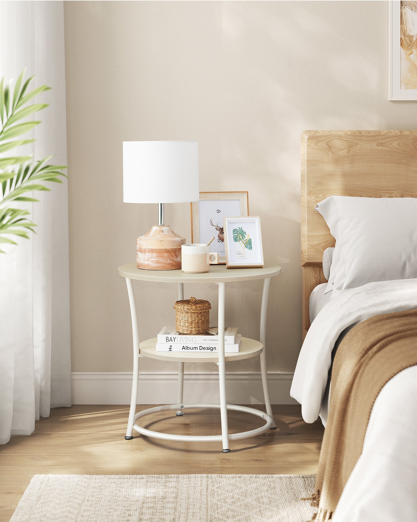 Bijzettafel met 2 Planken – Stalen Frame – Naturel Beige