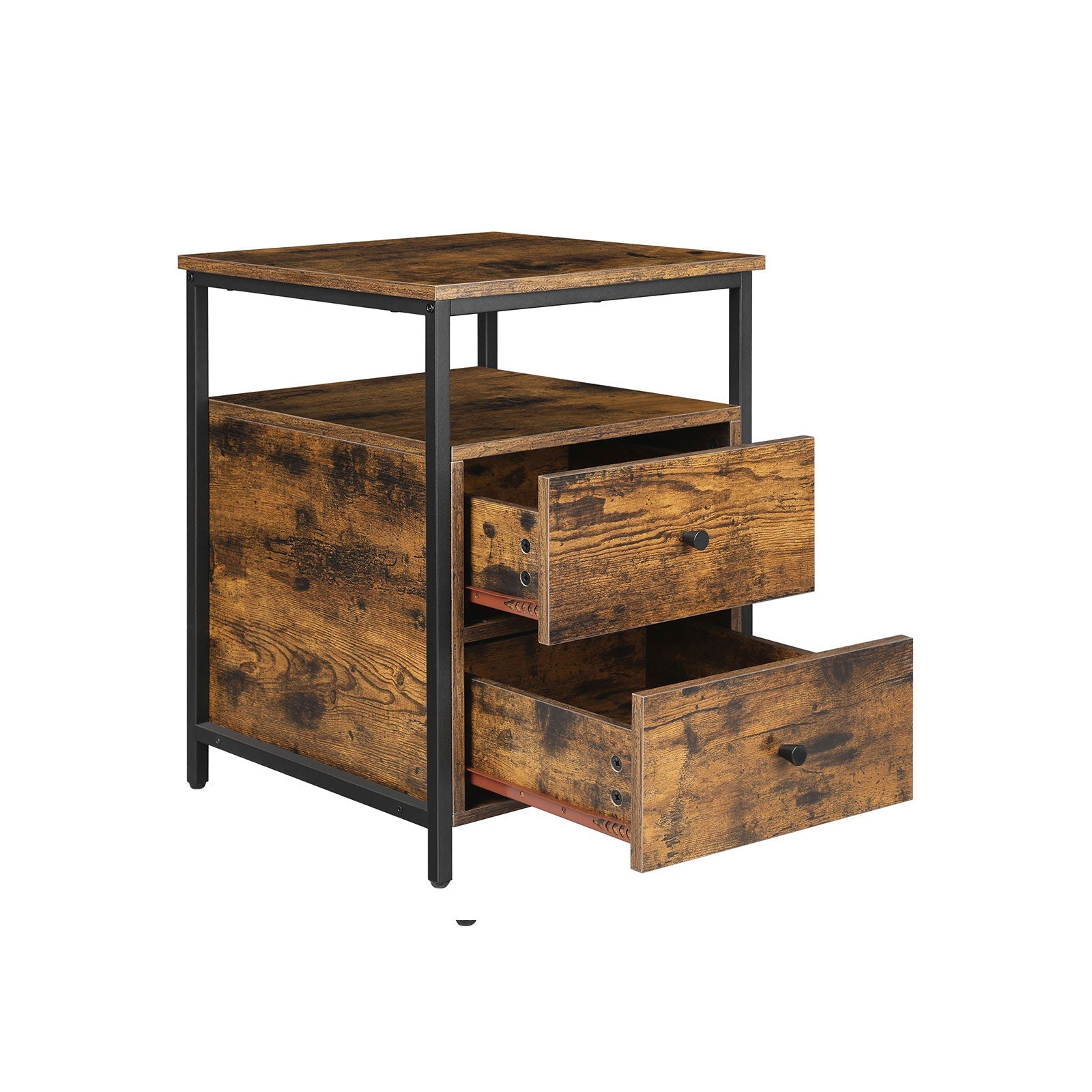 Nachtkastje – 2 lades – Bruin/Zwart – Hoogwaardig spaanplaat – Verstelbare poten