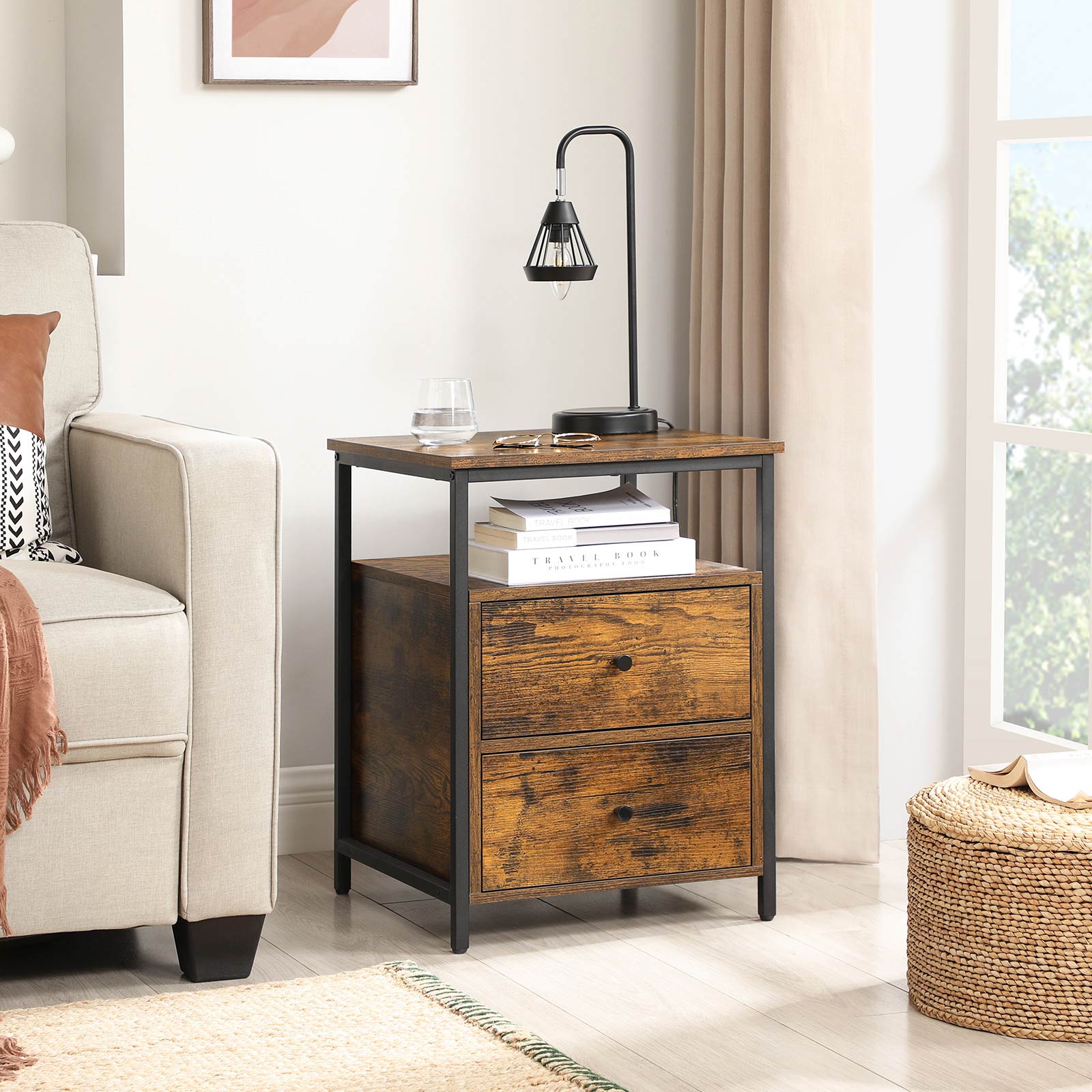 Nachtkastje – 2 lades – Industrieel ontwerp – Bruin/Zwart