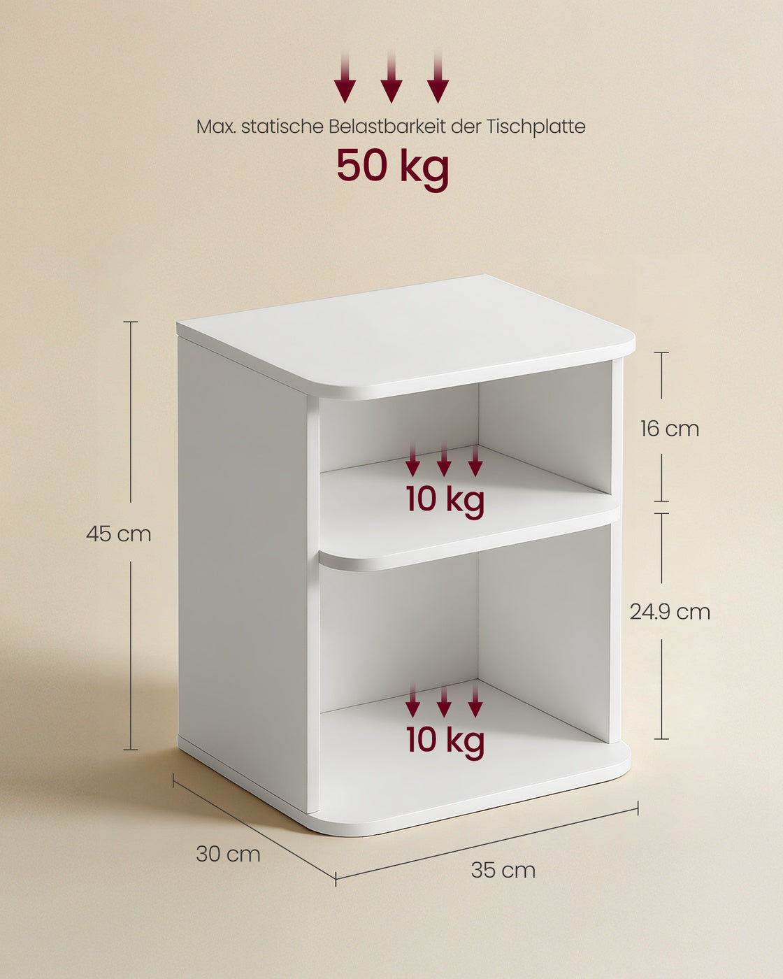 Nachtkastje - 30 x 35 x 45 cm - 3 niveaus - wolkwit - maximaal 50 kg tafelbladbelasting - maximaal 10 kg per vak