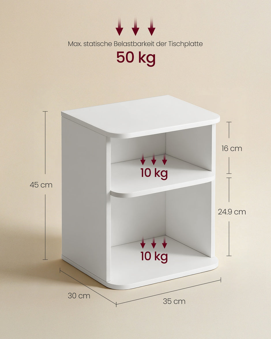 Nachtkastje - 30 x 35 x 45 cm - 3 niveaus - wolkwit - maximaal 50 kg tafelbladbelasting - maximaal 10 kg per vak