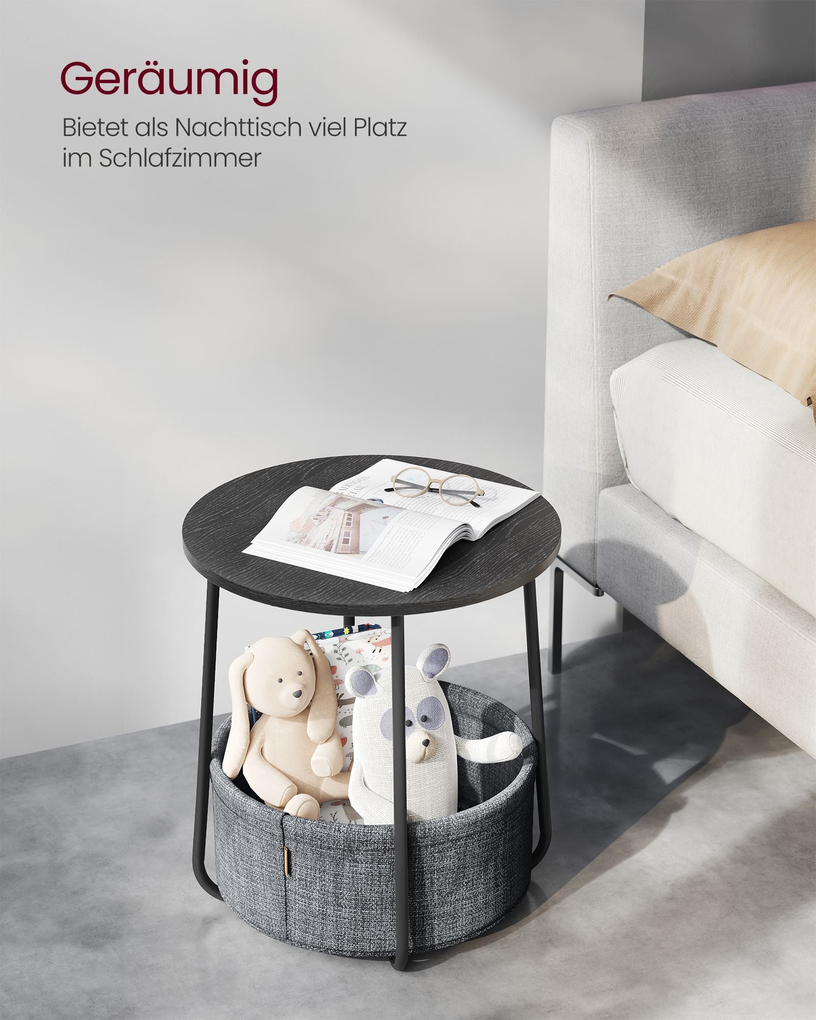 Bijzettafel – met mand – ebbenhout zwart-leigrijze stof