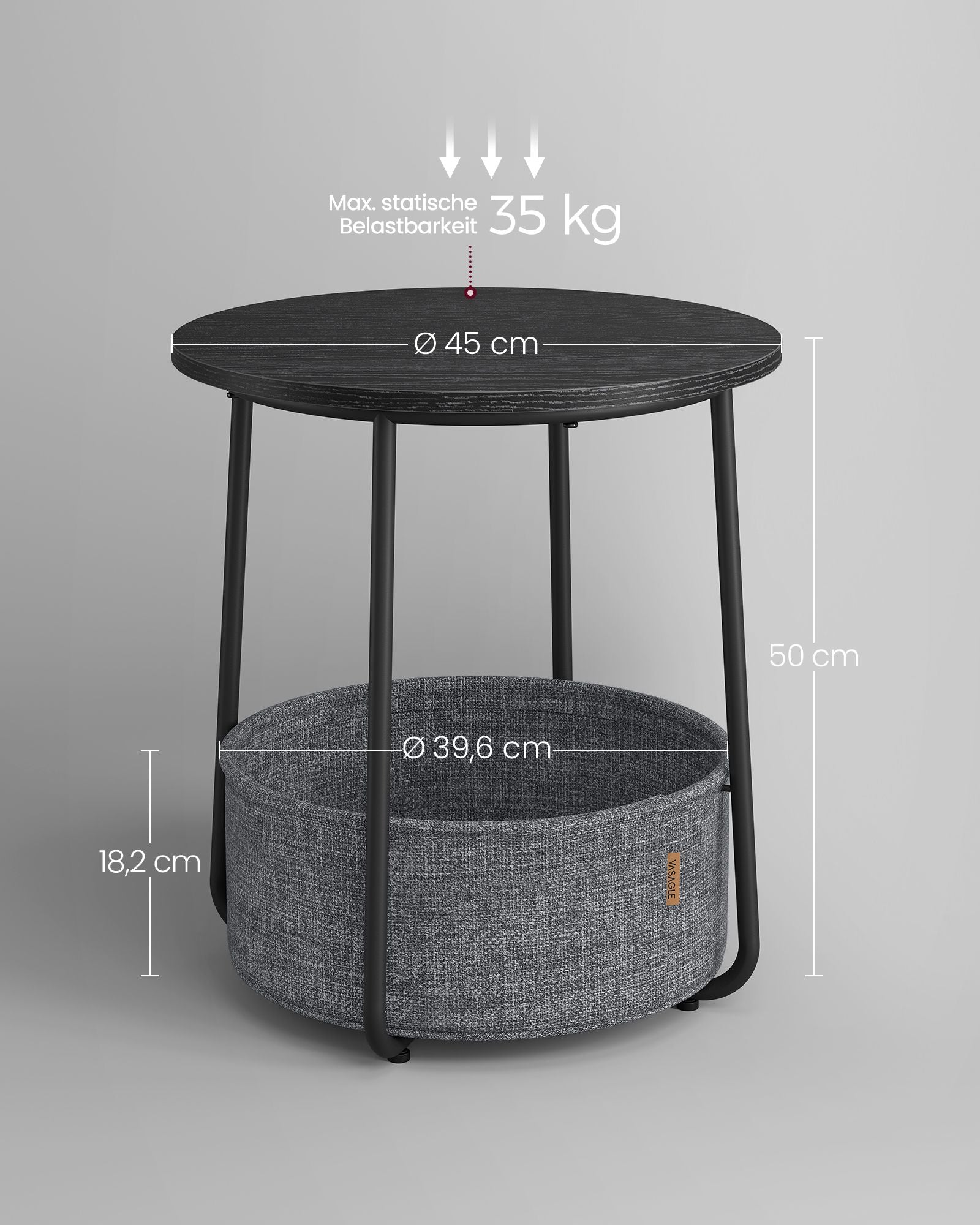 Bijzettafel – met mand – ebbenhout zwart-leigrijze stof