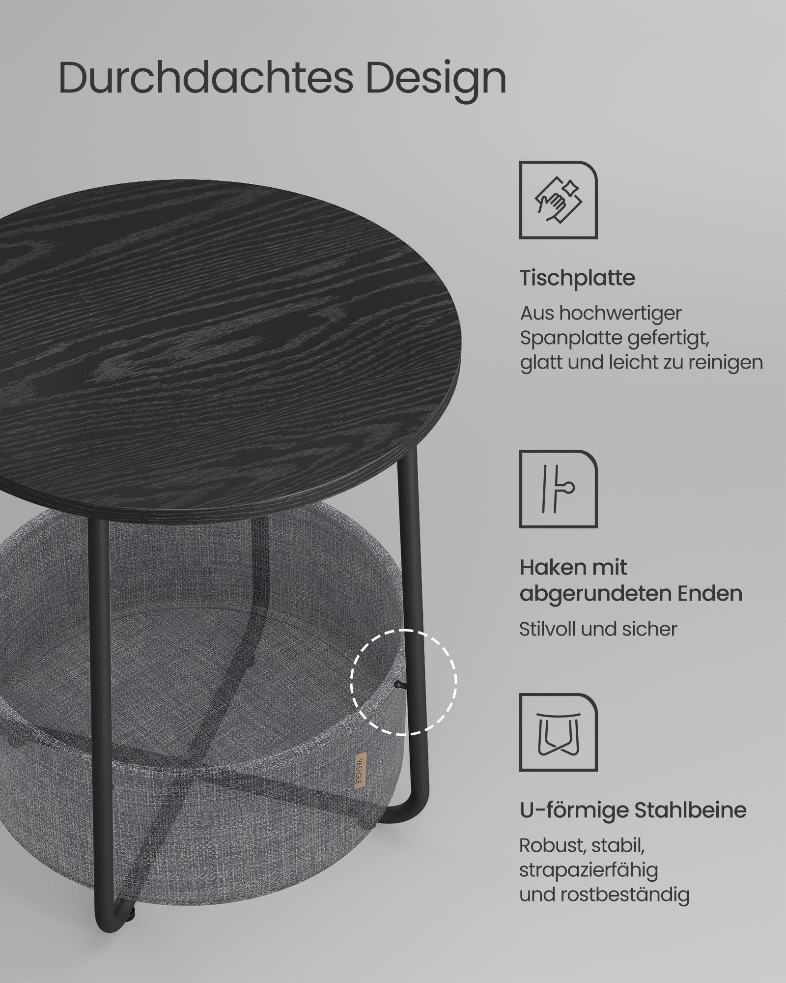Bijzettafel – met mand – ebbenhout zwart-leigrijze stof