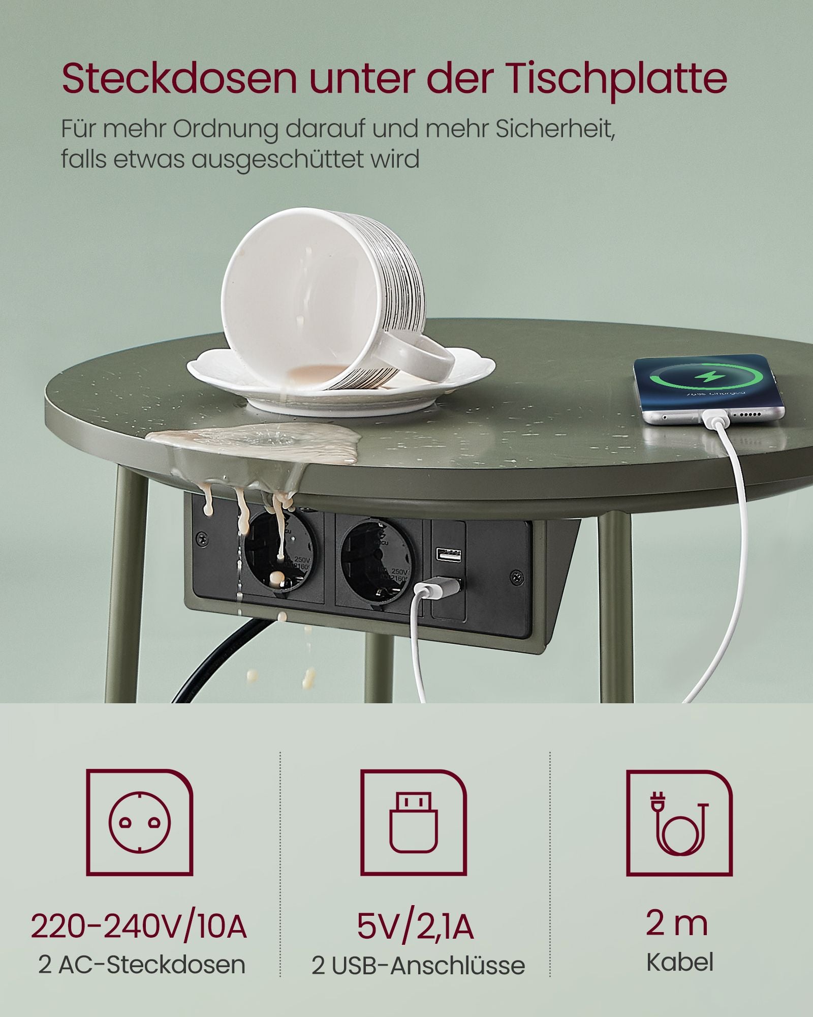 Bijzettafel – met laadstation & stopcontact – bosgroen & crèmewit