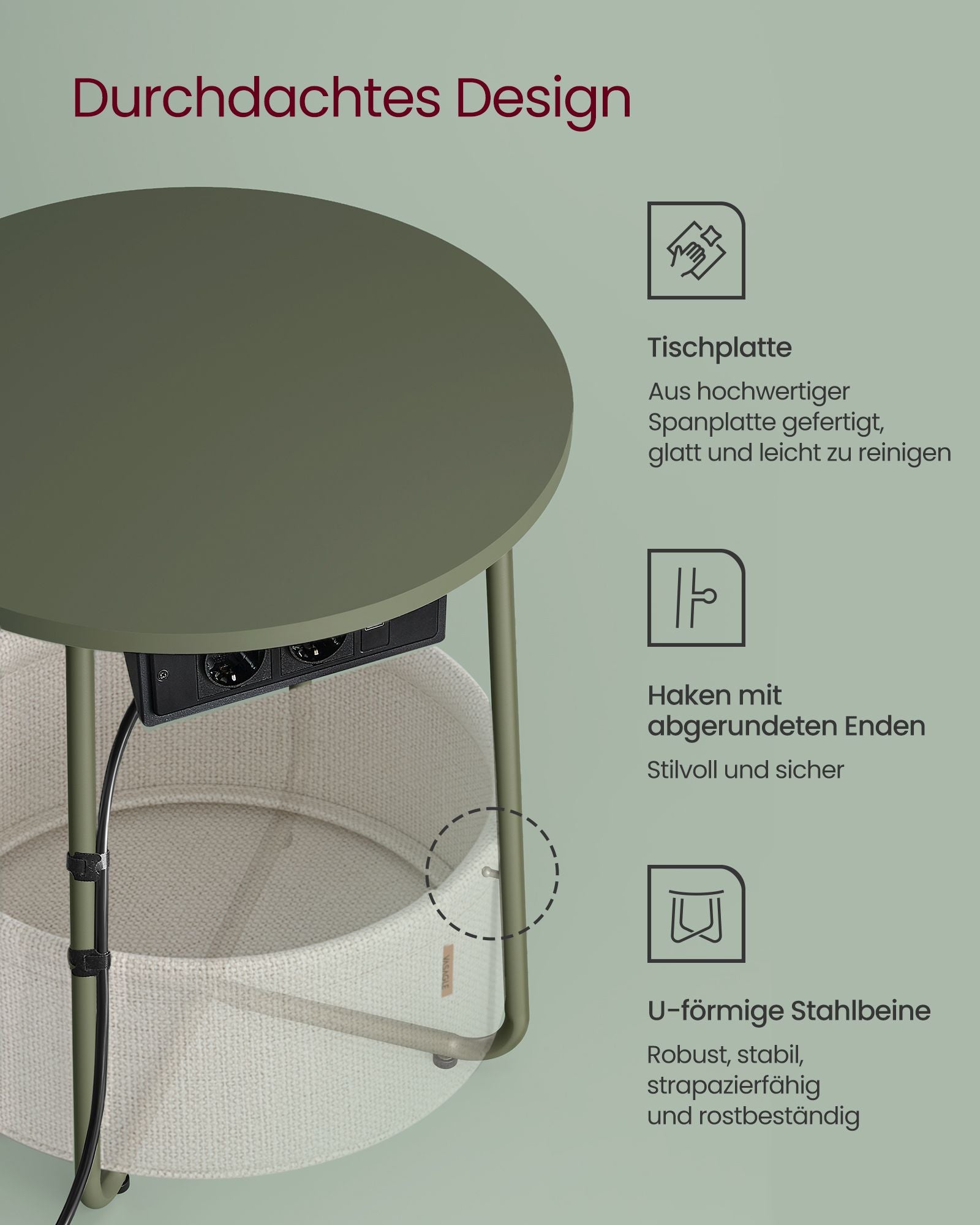 Bijzettafel Met Laadstation En Stopcontact In Bosgroen En Crèmewit