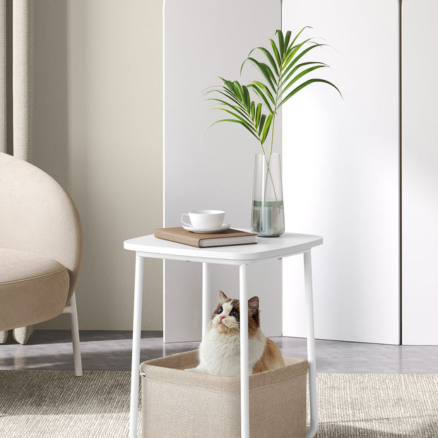 Bijzettafel vierkant – Met mand voor opbergruimte – Mat wit en camelbruin