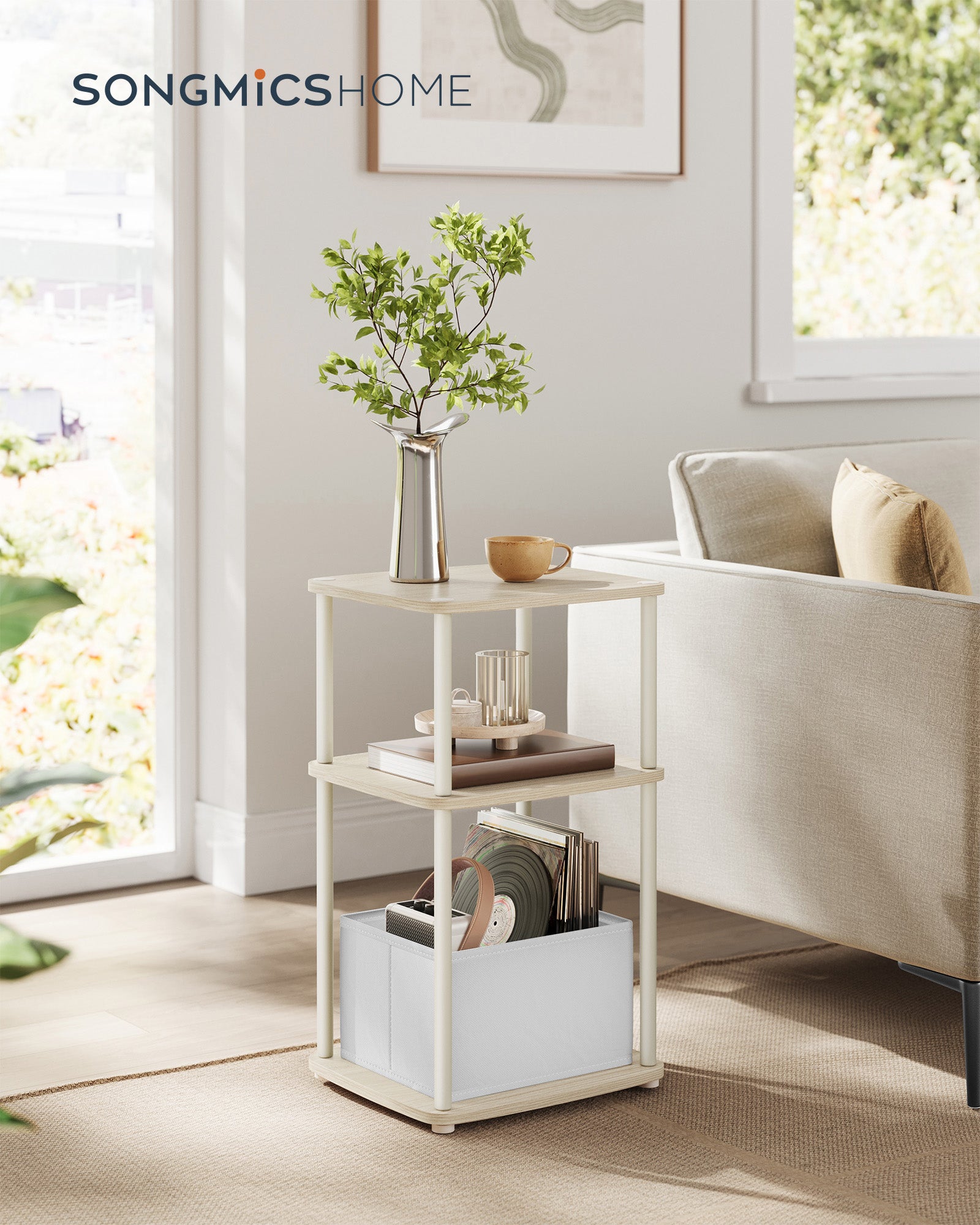 Moderne Bijzettafel – 3 Opbergplanken – Naturel Beige