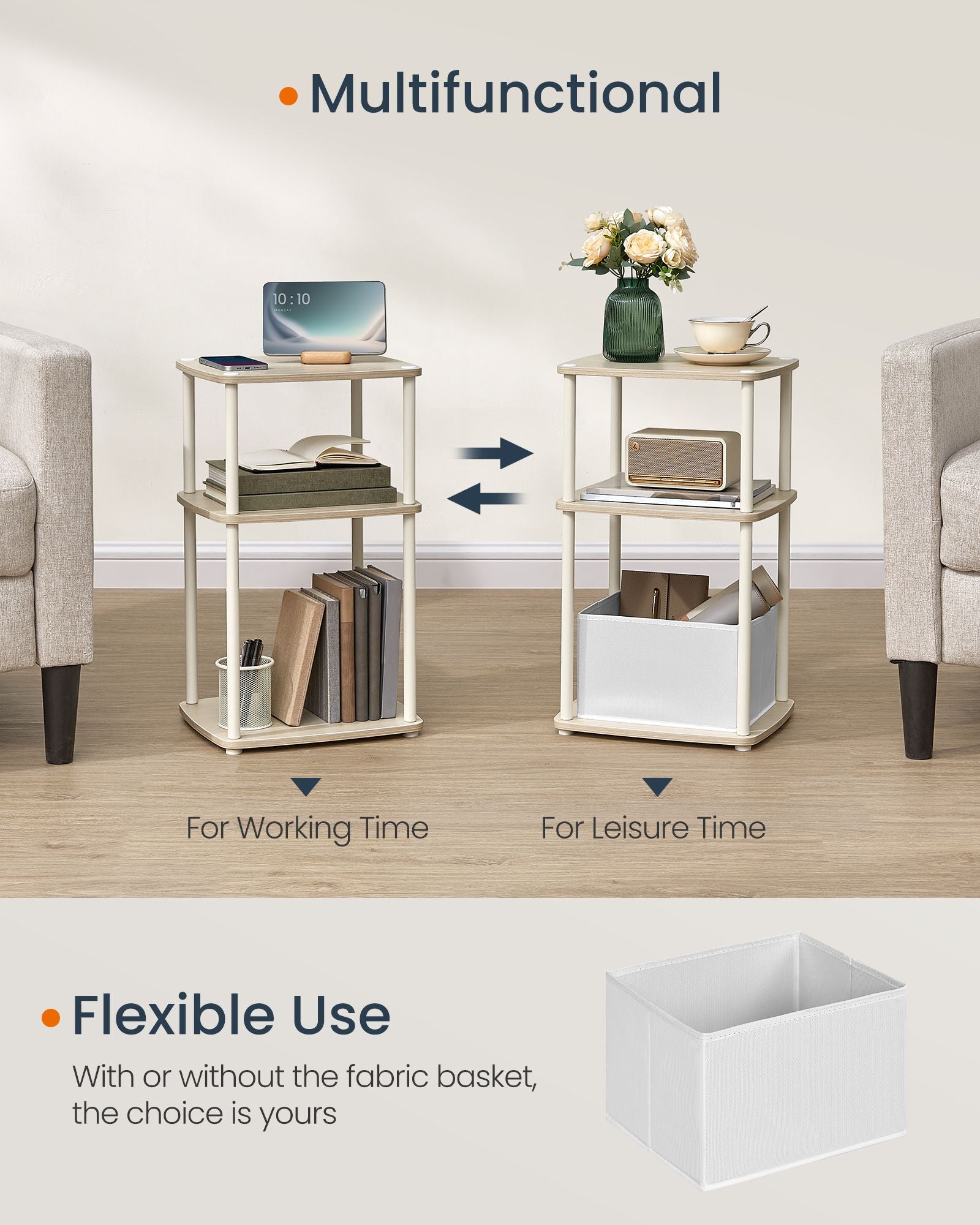Moderne Bijzettafel – 3 Opbergplanken – Naturel Beige