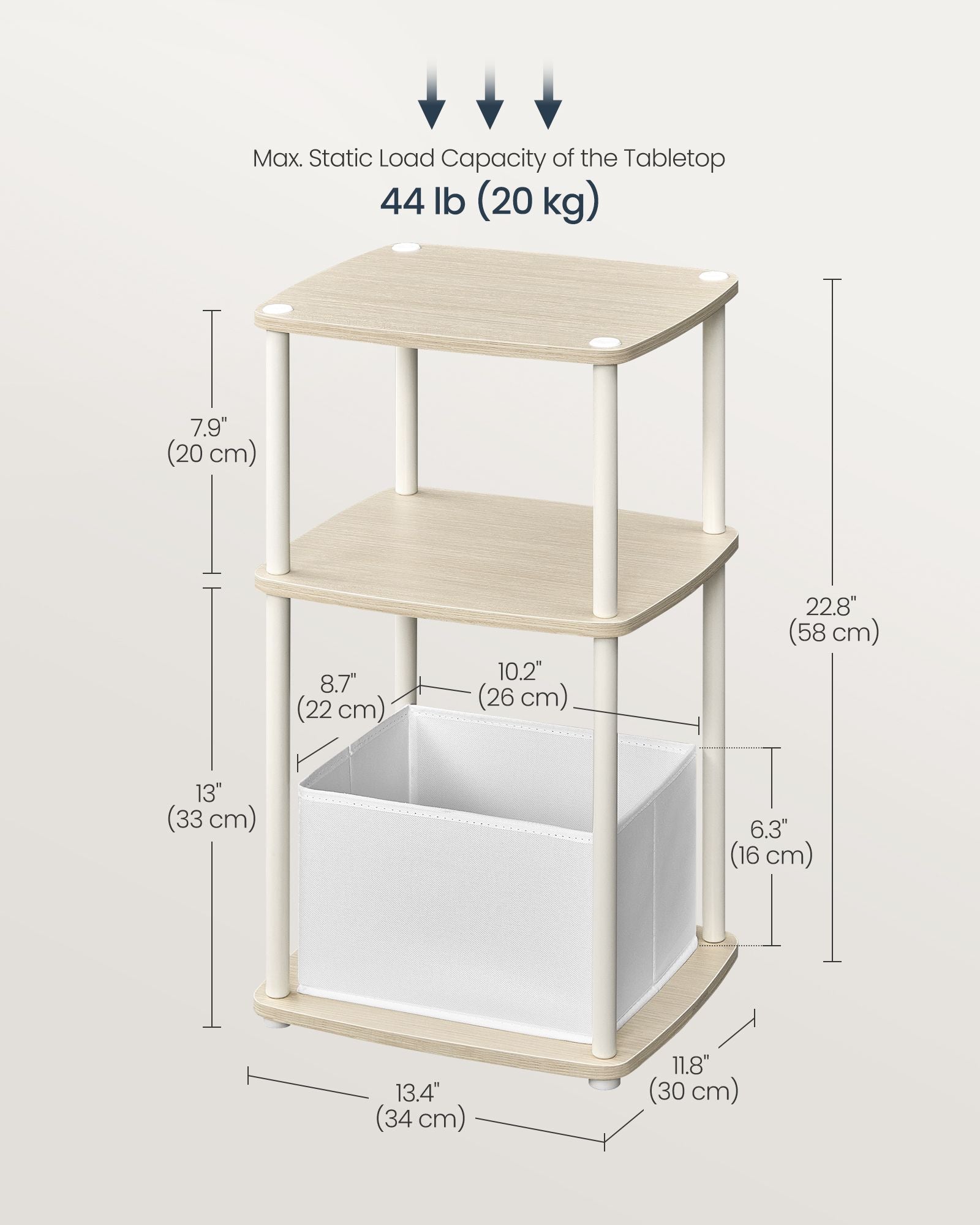 Moderne Bijzettafel – 3 Opbergplanken – Naturel Beige