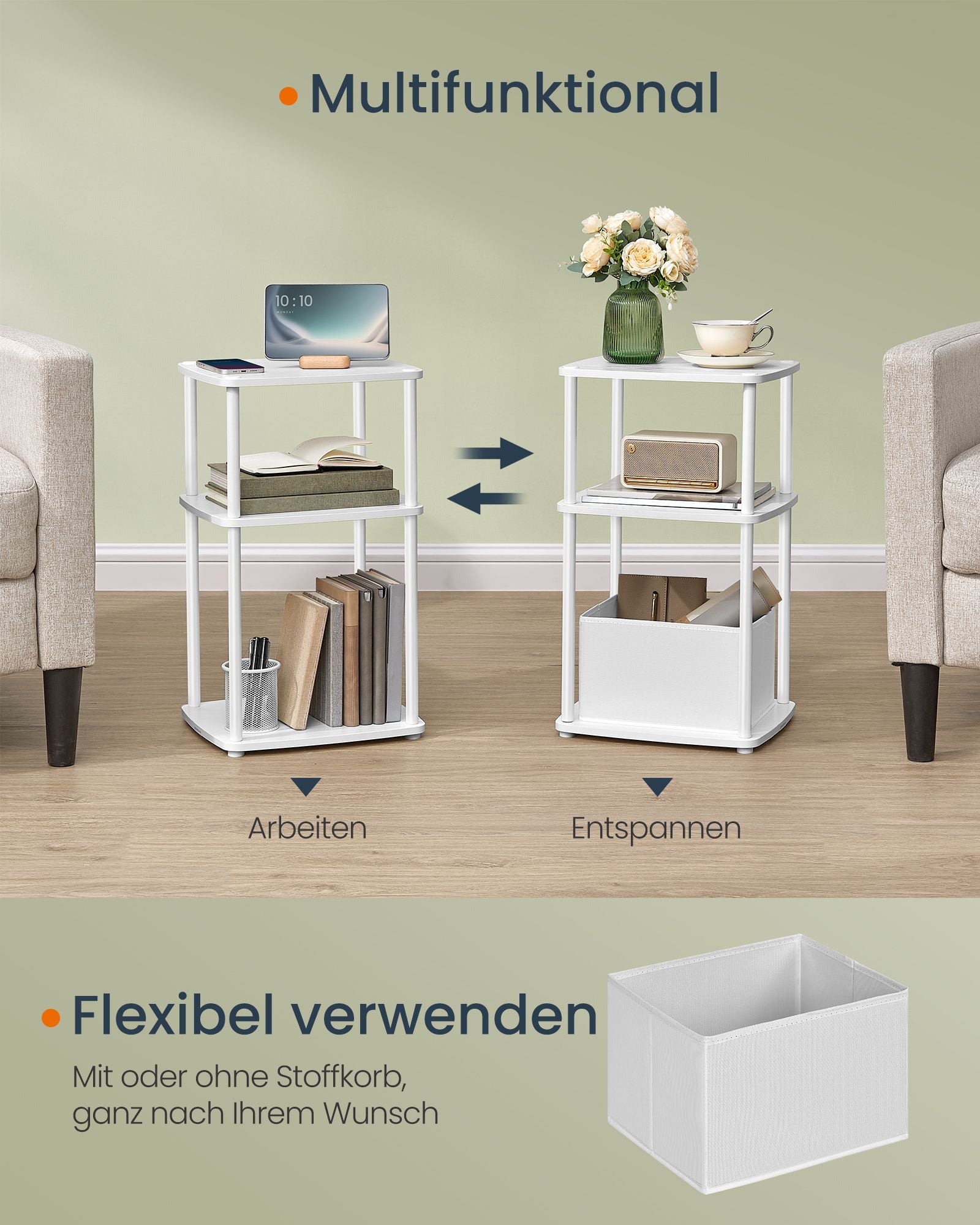 Bijzettafel met 3 planken – 30 x 34 x 58 cm, sneeuwwit